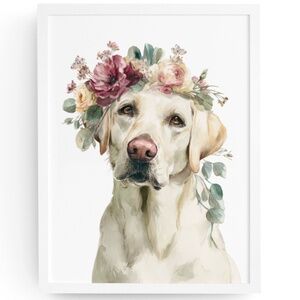 Watercolor Labrador Retriever with Flower Crown Portrait Wall Art Print Unframed